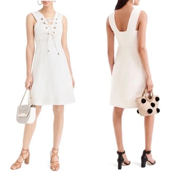 👗J.Crew Cream Collection Linen Lace Up Summer Work/Office Dress size 0 - Picture 1 of 6